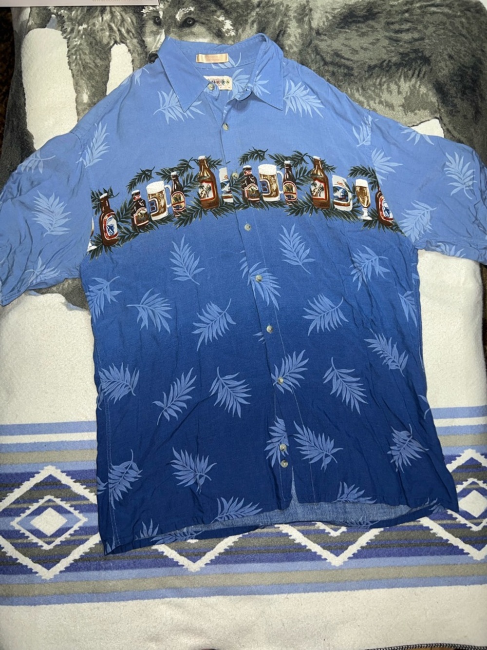 Vintage 90’s Men’s Blue Beer Design Campia Moda Hawaiian Button Up Shirt Size L